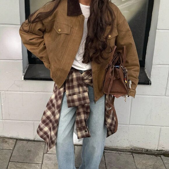 Khaki Casual Women's Loose Pocket Oversized faux Suede Jacket - Picture 3 of 5